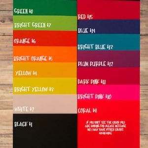 May include: A color chart with 15 different colors, numbered 1 through 15. The colors include green, bright green, orange, bright orange, yellow, bright yellow, white, black, red, blue, bright blue, plum purple, dark pink, bright pink, and coral.