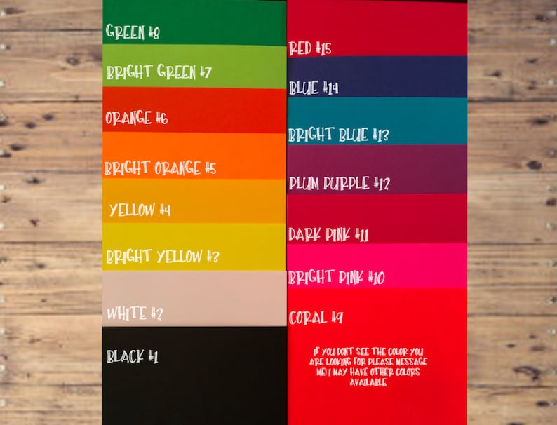 May include: A color chart with 15 different colors, numbered 1 through 15. The colors include green, bright green, orange, bright orange, yellow, bright yellow, white, black, red, blue, bright blue, plum purple, dark pink, bright pink, and coral.