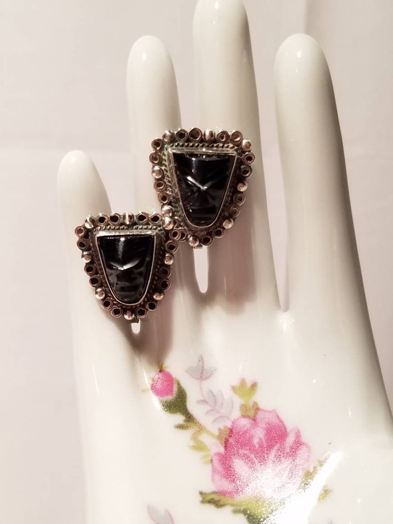 Vintage Black Onyx Aztec Mask and Mexico Silver Sc