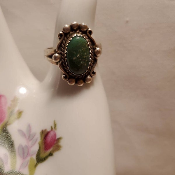 Vintage Navajo Bell Trading Post Fred Harvey Era Stenich Turquoise and Sterling Silver Ring