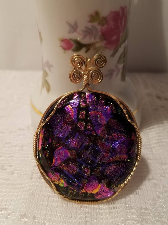 Large Dichroic Glass and Copper Wire Pendant