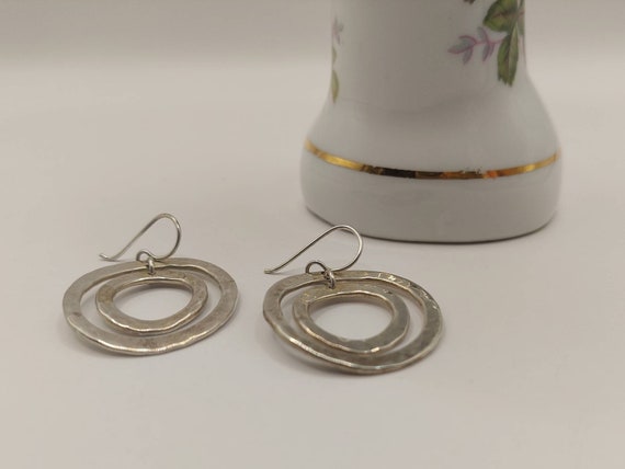 925 Hammered Silver Double Circle Short Dangle Ea… - image 5