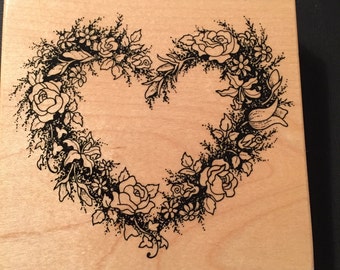Floral Heart Wreath Petaluma, CA PSX 1990 Rubber Wood Mounted Stamp Gently Used  Card Making Scrapbooking