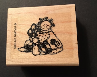 Stampin' Up! Girl with Blanket Quilt 1993 Rubber Wood Mounted Stamp Gently Used Card Scrapbooking