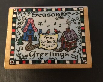 Inkadinkado Seasons Greetings From our House to yours Rubber Wood Mounted Stamp Gently Used Card Making Scrapbooking