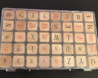 Set 40 Alphabet Letters Symbols Numbers in Case Rubber Stamps Retired Rubber Wood Mounted Stamp Gently Used Card Scrapbooking