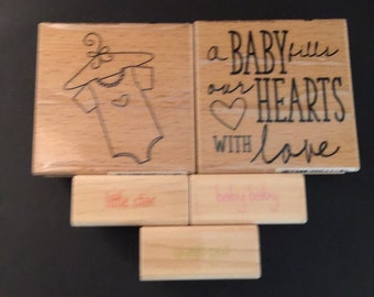 Set 5 Baby Nursery Sweet Pea Rubber Wood Mounted Stamp Used Card Making Scrapbooking