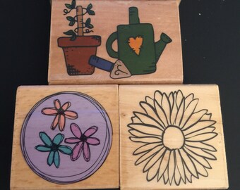 Set 4 Gardening Flower Birds Rubber Wood Mounted Stamp Gently Used  Card Making Scrapbooking