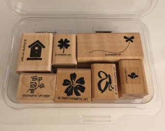 7 Stampin' Up!  Assorted Small Flower Birdhouse Butterfly Vine Rubber Wood Mounted Stamp Gently Used Card Scrapbooking