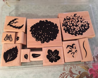 CTMH Floral Garden Set of 11 Rubber Stamps by CTMH Wood Mounted Flowers & Leaves  Gently Used Card Making Scrapbooking