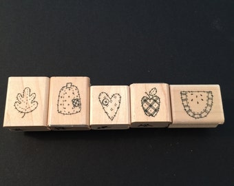 Stampin' Up! Pumpkin Watermelon Heart Apple Leaf Set 5 Rubber Wood Mounted Stamp Gently Used Card Scrapbooking