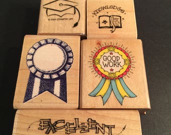 Assortment School Grading Teacher Good Work Excellent Rubber Wood Mounted Stamp Used Card Making Scrapbooking