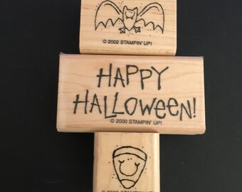 Set 3 Happy Halloween Stamps Bats Candy corn Stampin' Up Rubber Wood Mounted Stamp Gently Used Card Scrapbooking