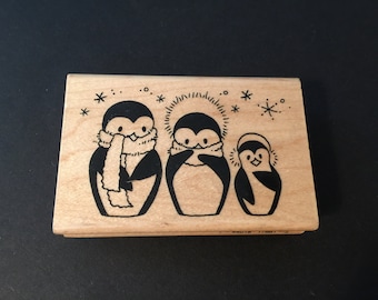 Stampendous  COZY PENGUIN TRIO M232 Rubber Wood Mounted Stamp Gently Used  Card Making Scrapbooking