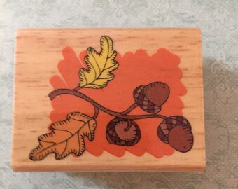 Fall Harvest Leaf with Acorns Canadian Maple Collections Rubber Wood Mounted Stamp Gently Used  Card Making Scrapbooking