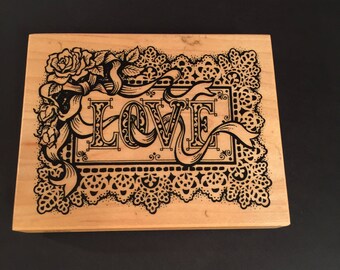 LOVE Valentine Wedding Frame Doily  Petaluma, CA PSX 1994 Rubber Wood Mounted Stamp Gently Used  Card Making Scrapbooking