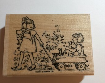 Stampin' Up! Kids At Play with pets and Wagon Girls Dog & Cat 2001 Rubber Wood Mounted Stamp Gently Used Card Scrapbooking