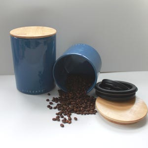 Airtight Coffee Canister by Airscape Planetary Design.  Matte Blue Ceramic w/Bamboo Lid Inner 2-Way Valve Plunger.  Medium Size. Others Sold