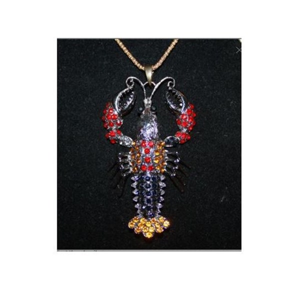 Betsey Johnson Lobster Pendant Necklace. Crustacean, Crayfish. Antique Silver Tone 29" Chain. Red, Black, Gold Rhinestones. Organza Gift Bag