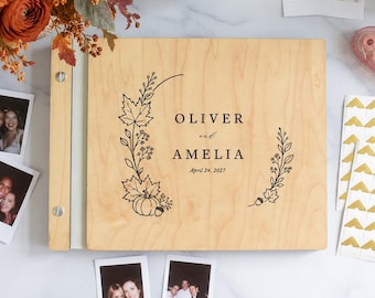 Elegant Fall Wedding Guest Book - Personalized Engraved Wooden GuestBook, Polaroid Photo Album, Autumn Wedding Album