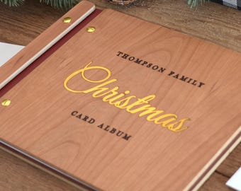 Custom Gold Foil Christmas Card Album, Christmas Memory Book, Wooden Christmas Photo Album, Family Christmas Gift, Holiday Guest book