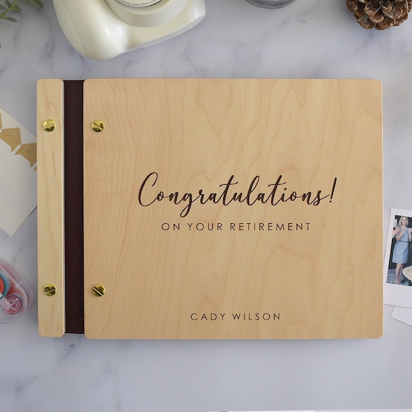 Personalized Retirement Book - Wooden Guest Book with Custom Engraved Cover - "Congratulations on your Retirement!" Keepsake