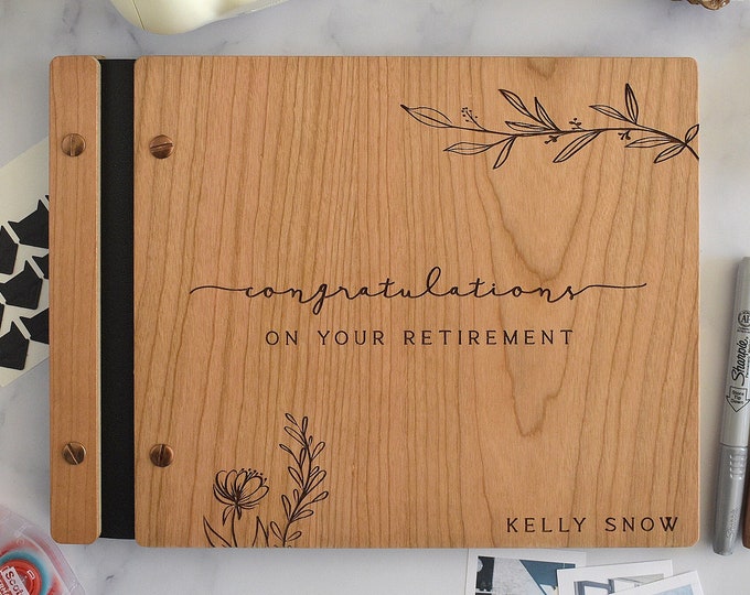 Personalized Retirement Gift, Wooden Guest Book with Custom Engraved Cover, "Congratulations on your Retirement!" Keepsake, Retirement Party