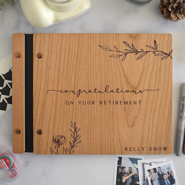 Personalized Retirement Gift, Wooden Guest Book with Custom Engraved Cover, "Congratulations on your Retirement!" Keepsake, Retirement Party