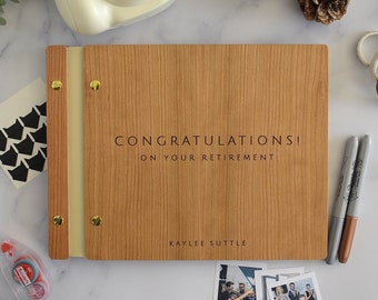 Personalized Retirement Book - Wooden Guest Book with Custom Engraved Cover - "Congratulations on your Retirement!" Keepsake