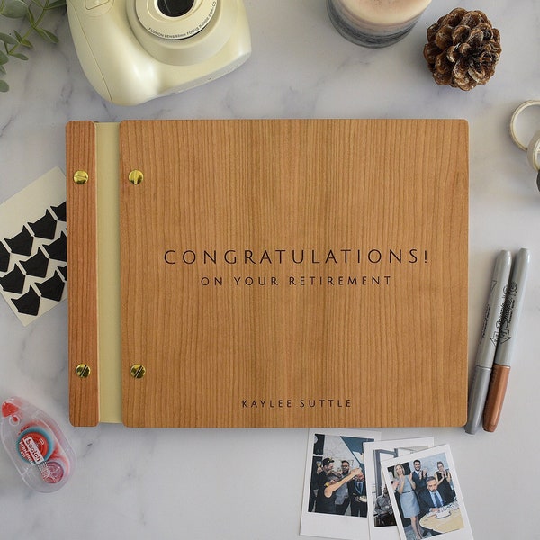 Personalized Retirement Book - Wooden Guest Book with Custom Engraved Cover - "Congratulations on your Retirement!" Keepsake