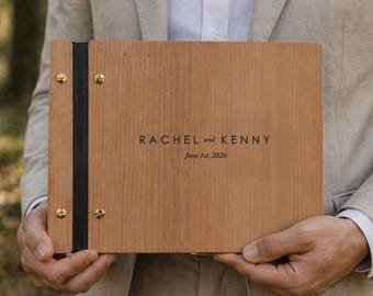 Custom Minimalist Wooden Wedding Guest Book with Polaroid Photo Pages, Personalized Wood Guestbook, Rustic Wedding Album Keepsake