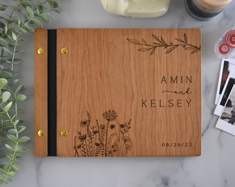 Livre d'or de mariage en bois - gravé au laser personnalisé, parfait pour les photos et les messages sincères, photomaton, album photo, album de mariage