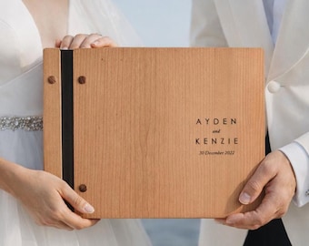 Minimalist Wooden Wedding Guest Book with Polaroid Photo Pages, Personalized Wood Guestbook, Modern Rustic Wedding Album