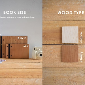 a variety of book sizes and wood types, with each item placed on a wooden surface. The book sizes are 8.5 x 11, 6 x 9, and 6 x 9, while the wood types are cherry and maple.