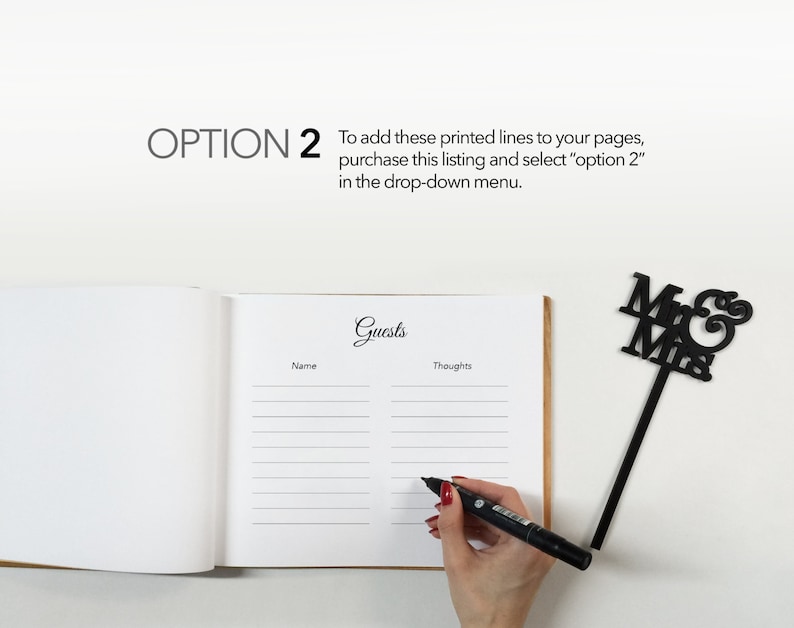 May include: A white guest book with the word "Guests" written in black cursive. The book is open to a page with lines for names and thoughts. A black marker is being used to write in the book. A black "Mr & Mrs" sign is in the top right corner of the image.