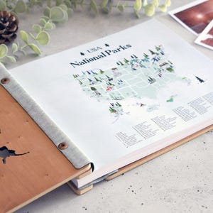 Livre d'aventures avec carte du parc national des États-Unis, cadeau en bois des parcs nationaux, album photo du parc national, cadeau pour papa, cadeau de carnet de voyage pour aventuriers