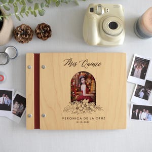 Customizable quinceañera guest book with a photo insert and engraved floral design on the cover. This wooden guest book is perfect for capturing memories and messages from friends and family during the celebration. Fully customizable photo and text.