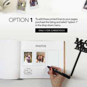 Puede incluir: Un &aacute;lbum de fotos blanco con l&iacute;neas negras impresas para escribir. El &aacute;lbum est&aacute; abierto en una p&aacute;gina con dos ranuras para fotos y un espacio para escribir. El texto "PHOTOS" est&aacute; impreso en la parte superior de la p&aacute;gina. Se est&aacute; utilizando un marcador negro para escribir en el &aacute;lbum. El texto "I love you, I love you! Congrats! Brittney Owen" est&aacute; escrito en el &aacute;lbum. Un adorno de pastel negro "Mr & Mrs" est&aacute; en el fondo.