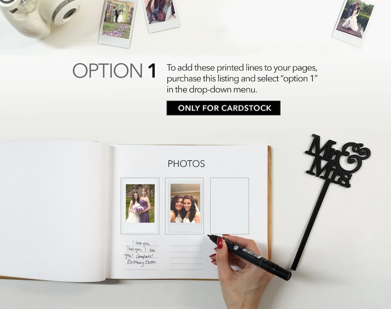 Puede incluir: Un &aacute;lbum de fotos blanco con l&iacute;neas negras impresas para escribir. El &aacute;lbum est&aacute; abierto en una p&aacute;gina con dos ranuras para fotos y un espacio para escribir. El texto "PHOTOS" est&aacute; impreso en la parte superior de la p&aacute;gina. Se est&aacute; utilizando un marcador negro para escribir en el &aacute;lbum. El texto "I love you, I love you! Congrats! Brittney Owen" est&aacute; escrito en el &aacute;lbum. Un adorno de pastel negro "Mr & Mrs" est&aacute; en el fondo.
