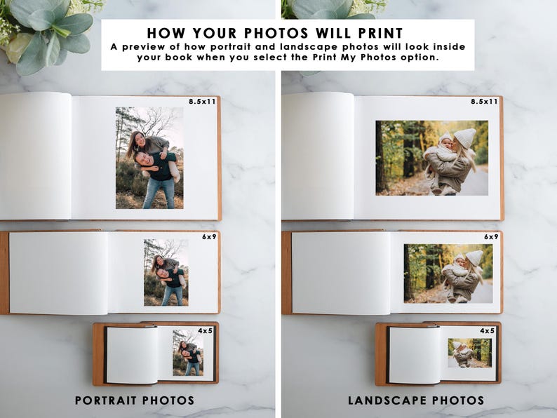 The image is a collage of four different portrait and landscape photos, each with a corresponding size and description.