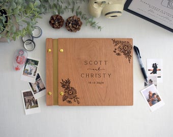 Custom Cherry Wood Wedding Guest Book with Floral and Sunflower Design - Personalized Wedding Guestbook