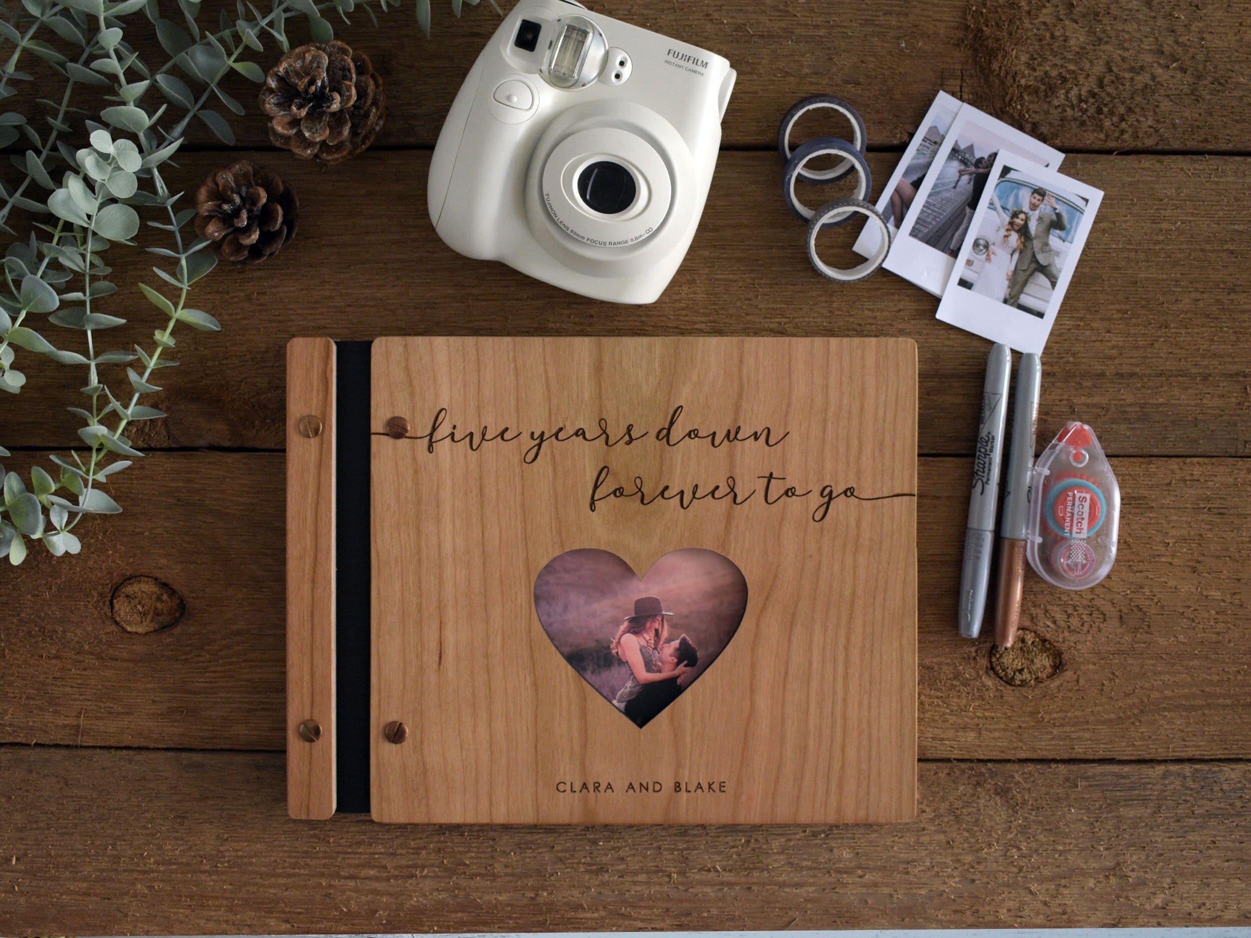 Wood 5th Year Anniversary Scrapbook Engraved with 'Five Years Our Love  Story' Gift Idea