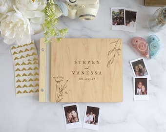 Minimal Floral Wedding Guest Book, Custom Wooden Wedding Album, Polaroid Photo Guestbook, Wedding and Engagement Gift