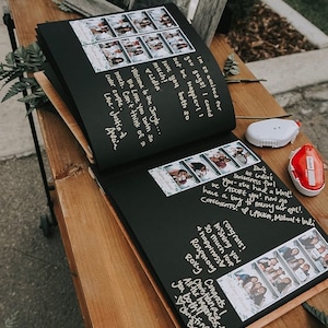 May include: A black photo album with white pages filled with photos and messages. The album is open to reveal a page with gold writing that says "Welcome to the Jungle... We love you both so much. Can't think of a cooler couple." and "I'm so excited for you guys! I could not be happier! Love you both so much!"