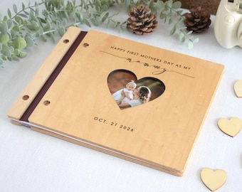 Custom Engraved First Mothers Day Scrapbook, Mom Journal, Wooden Photo Memory Book, New Mom Gift