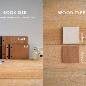 a variety of book sizes and wood types, with each item placed on a wooden surface. The book sizes are 8.5 x 11, 6 x 9, and 6 x 9.5, while the wood types are cherry and maple. The items are arranged in a visually appealing manner, with the book sizes and wood types placed next to each other.