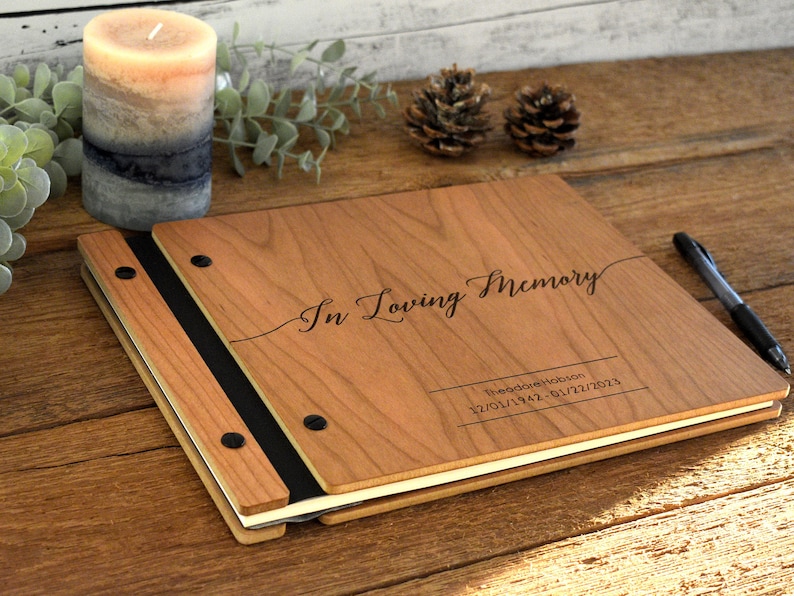 Elegant Personalized Funeral Guest Book - Handcrafted Wood, Acid-Free Pages, UV Protection. Lasting Memorial Keepsake.