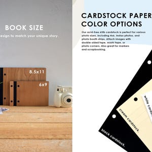 A wedding guest book from RedBerry Guest books featuring white cardstock pages with Polaroid-style photos of a newlywed couple. The book is open, showcase three photos. The surrounding decor are a soft green cloth, rustic elements and a lit candle.