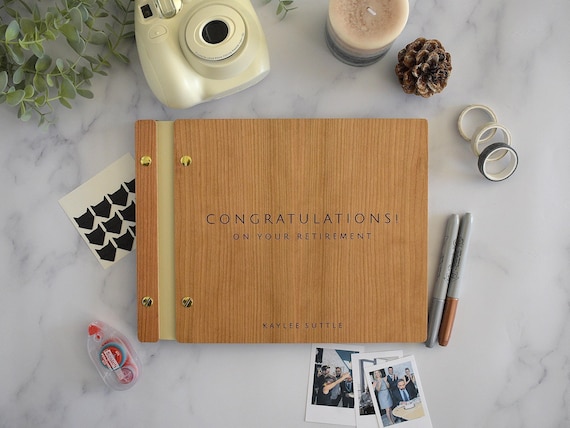 Personalized Retirement Book - Wooden Guest Book with Custom Engraved Cover - "Congratulations on your Retirement!" Keepsake