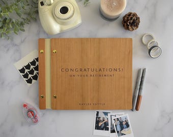 Personalized Retirement Book - Wooden Guest Book with Custom Engraved Cover - "Congratulations on your Retirement!" Keepsake